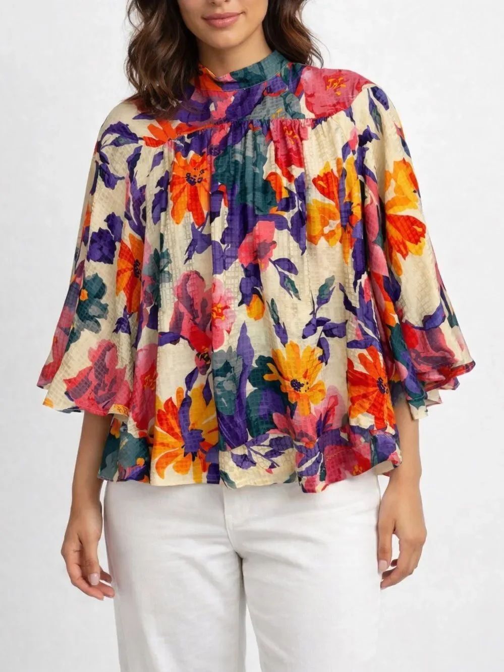 Warm NY Silk Floral Blouse High Neck Back Button Boho Top Size M Colorful